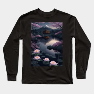 Serene Mount Fuji Sunset - Peaceful River Scenery - Lotus Flowers Long Sleeve T-Shirt